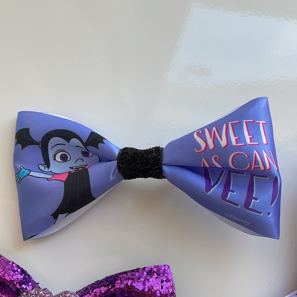 [ Disney Vamperina Handcrafted Glittery Purple Ribbon Hair Bows ] Set of 4 - Picture 5 of 6